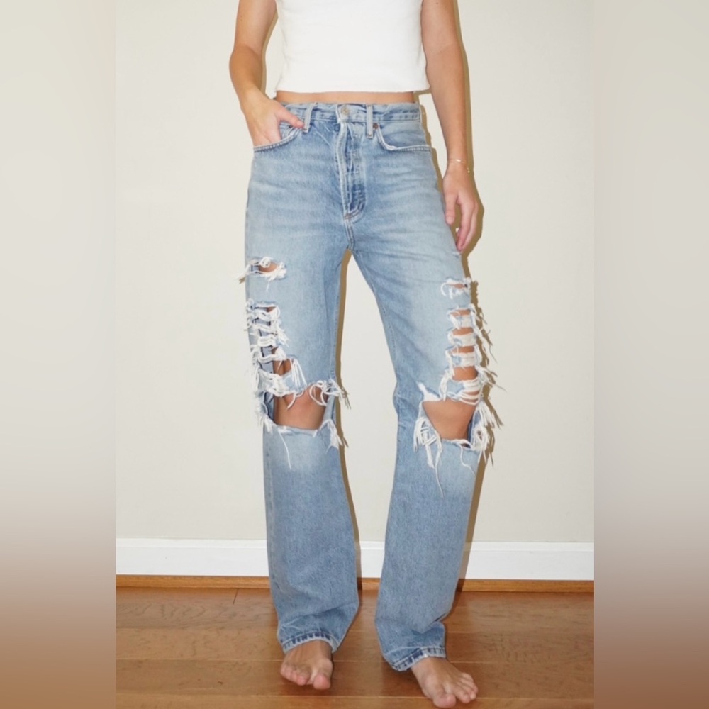 Agolde Distressed Light Blue Straight Leg Jeans